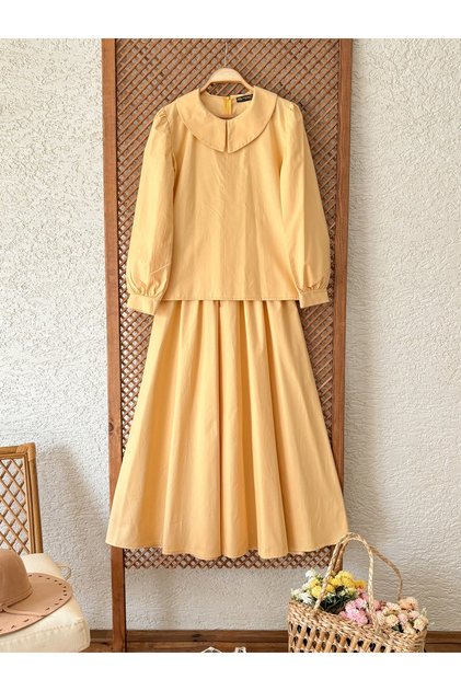 Light Yellow Small Neckline Poplin Blouse and Shirred Flared Skirt Set (Bluz-Etek)