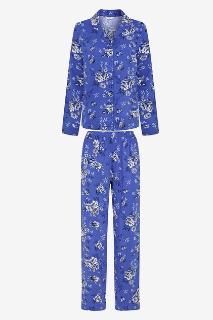 Flower Printed Cobalt Blue Shirt Pants Pajama Set