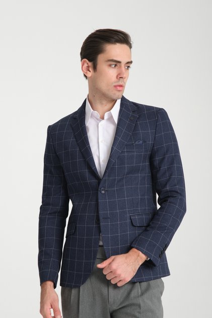 Paride Erkek Lacivert Ekose Slim Fit Mono Yaka Spor Blazer Ceket