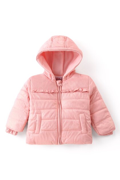 Full Sleeves Front Open Padded Hooded Jacket with Solid Colour & Frill Detailing - Pink