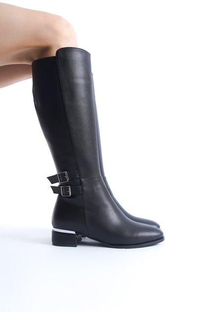 Caltas Black Short Thick Heeled Buckle Women's Boots