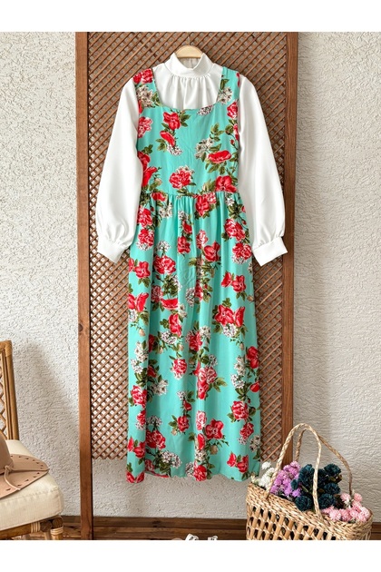 White Crepe Blouse and Green Floral Viscose Gilet Dress (Gile-Bluz)