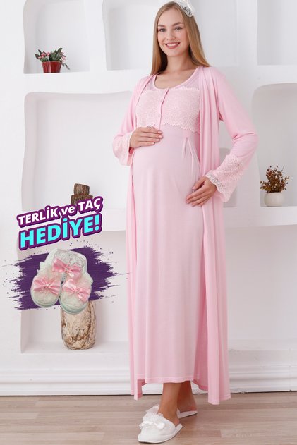 Maternity Long Sleeve and Buttoned / 2-Piece Maternity Nightgown and Dressing Gown Set / Slippers and Crown Gift
