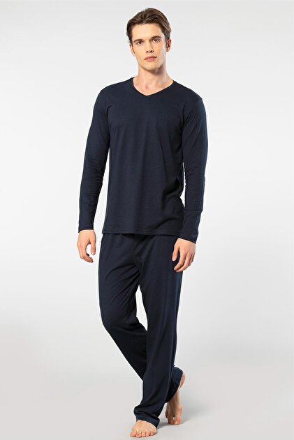 Erkek V Yaka Uzunkol Pijama Takım, %50 Modal, %50 Pamuk Alt Pijama ceplidir