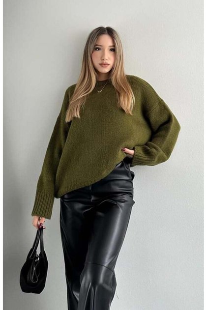 Women's Crew Neck Oversized Knitwear Sweater Khaki