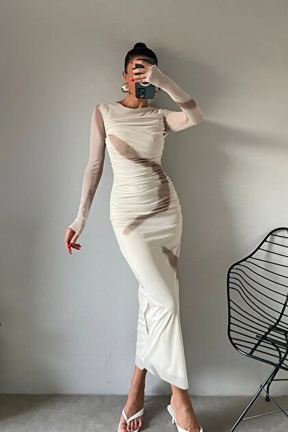 slim fit dress slacks High-Neck Tulle Dress with Tassel Detailing Blue & White / FR 44