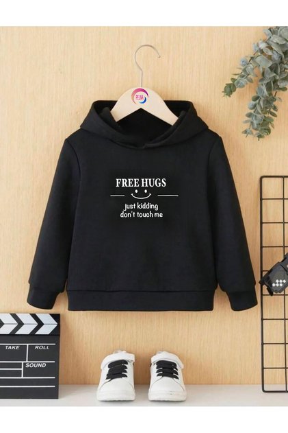 Cotton Special Design Printed Black Hooded Children's Sweatshirt