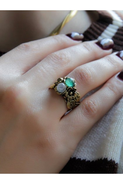 Double Natural Stone Flower Motif Antique Women's Adjustable Ring Moonstone Green Agate Euy22Aya
