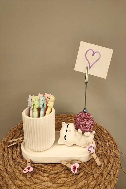 Purida Design Decorative Cute Cat Pen Holder and Notepad Set