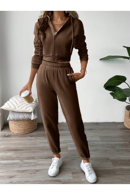 Kadın Kahverengi 3 iplik kapüşonlu crop ceket hırka Ve jogger eşofmanaltı takım oversize kalıp