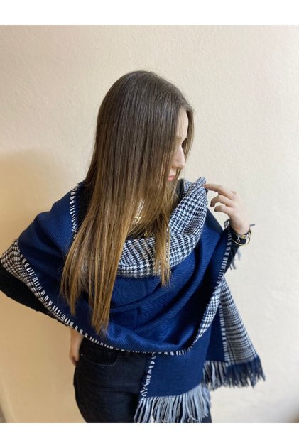 Navy Blue Black White Reversible Herringbone Winter Shawl Wide Tassel Scarf - Shoulder Shawl - Gift
