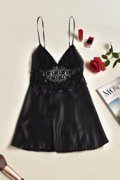 Black Satin Lace Spaghetti Strap Cup-Free Babydoll/Fantasy Nightgown THMAW25CY00001