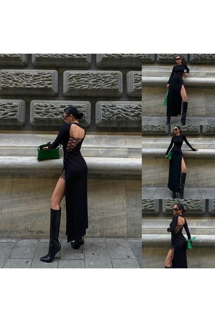 Back Detailed Long Sleeve Slit Black Dress