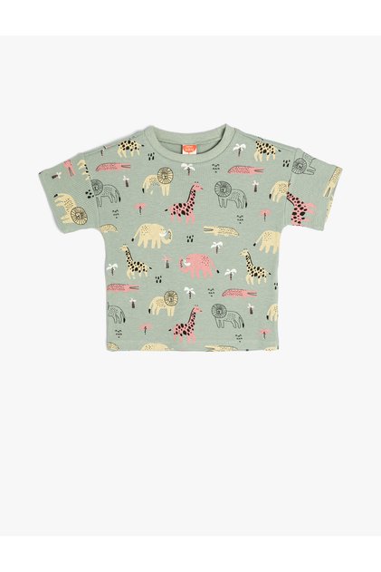 T-Shirt Short Sleeve Animal Printed Crew Neck Textured Cotton