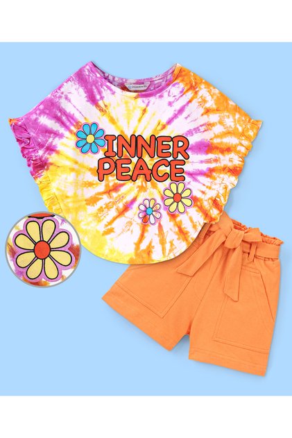 Ollington St. 100% Cotton Knit Half Sleeves Tie & Die Top Floral Print & Shorts Set- Multicolour