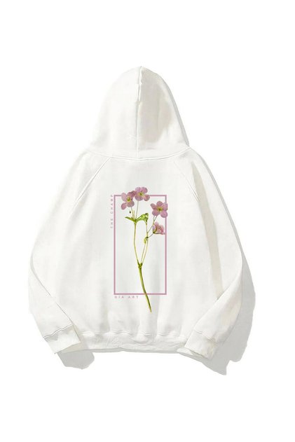 Unisex Oversize Sweatshirt Hoodie Flowers Baskılı Beyaz – Kapüşonlu, Kanguru Cep, 3 İplik