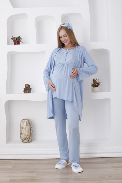 3-Piece Maternity Pajama Set / Buttoned Pajamas and Robe Set / Slippers and Crown