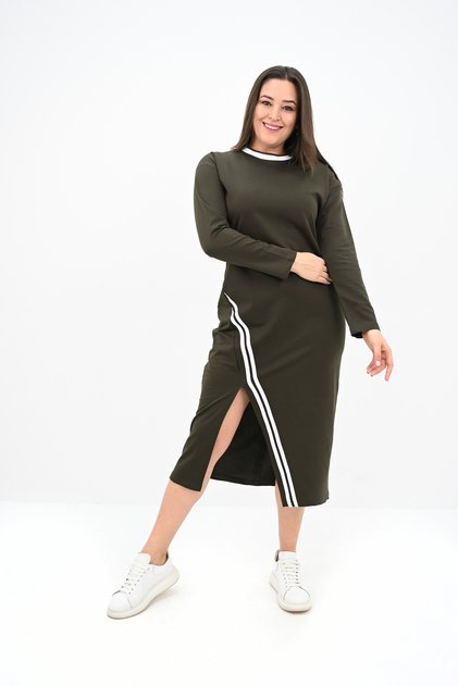 Women's Plus Size Double Stripe Detail Long Dress 5279-25