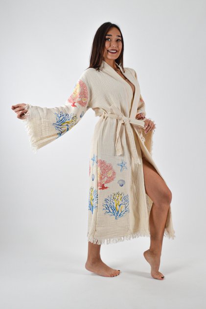 Kimono Kaftan Cotton Printed Belted 1 Piece Unisex Muslin Fabric Peshtemal Bathrobe
