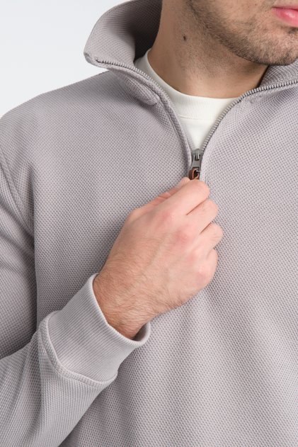 Unisex Regular Fit Cotton Honeycomb Braided Half Zipper Stand Collar Sweatshirt