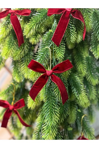 5 Pieces New Year Christmas Tree Ornament Burgundy Velvet Handmade Bow with Gold String