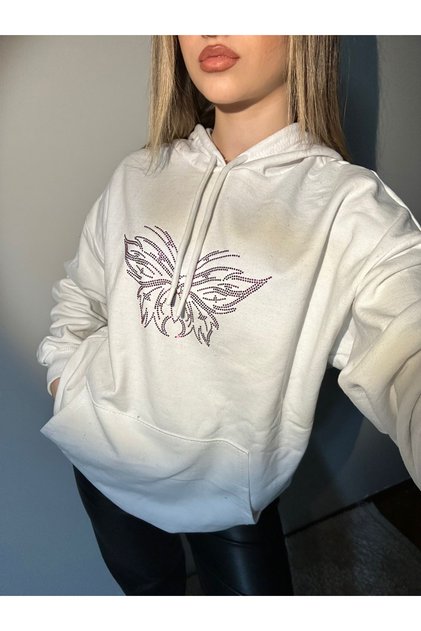 Beyaz Renkli Parıltılı Taşlı Kelebek Model Unisex 3 İplik Şardonlu Kışlık Sweatshirt