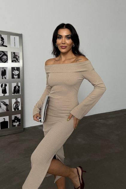 Women's Cream Carmen Collar Slit Detail Midi Length Basic Knitted Dress
