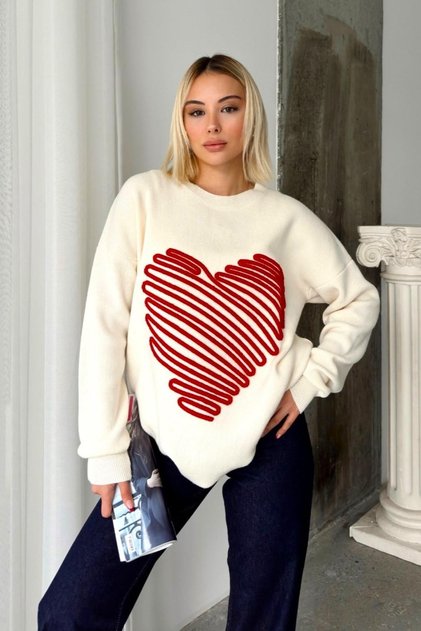 Women's Black Embossed Big Heart Knitwear Sweater