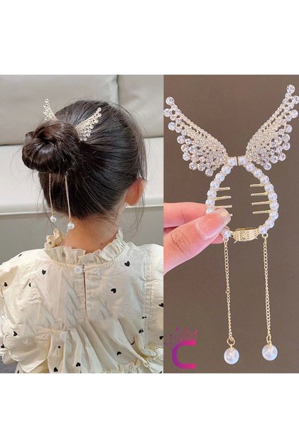 Kanat Tasarım Pearl and Rhinestone Spring-Loaded Hair Bun Clip Metal Gold - Hanging Hair Bun Clip