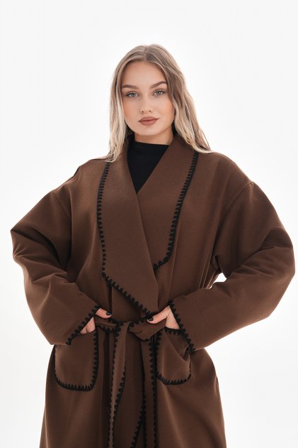 Brown Stamp Coat Oversize Standard Size 36-46 Below Knee Pocket Comfortable Fit with Belt