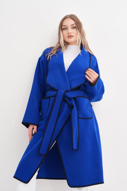 Cobalt Blue Stamp Coat Oversize Standard Size 36-46 Below Knee Pocket Comfortable Fit with Belt