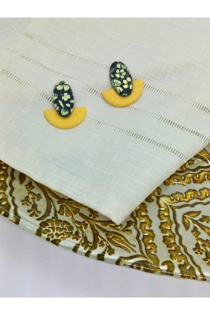 Custom Design, Handmade Polymer Clay Lemon Yellow Black on Flower Pattern Handmade Earrings