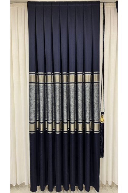 Panel Background Curtain Navy Blue Silver Gold Striped (Single Panel)