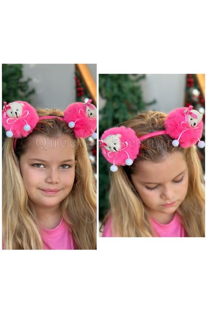 Luxury Design Plush Furry Pom-Pom Teddy Bear Crown Neon Pink Bear Children's Crown