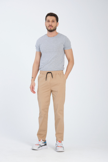 Men's Jogger Beige Relaxed Fit 98% Cotton Straight Leg Elastic Waist Lux Jogger Fabric Trousers