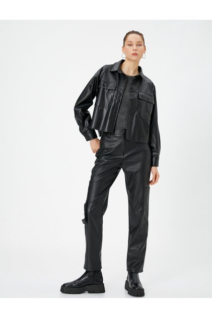 Leather Look Cargo Pants Normál derék, nincs zseb