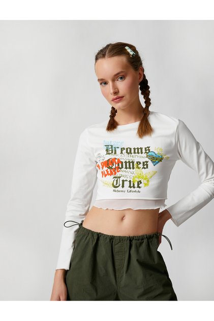 Long Sleeve T-Shirt Crop Printed Crew Neck