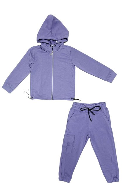Hooded Zippered Waistband with Elastic Detail Girls' Casual Tracksuit Set 2 Yarns Mnk0664 Lila