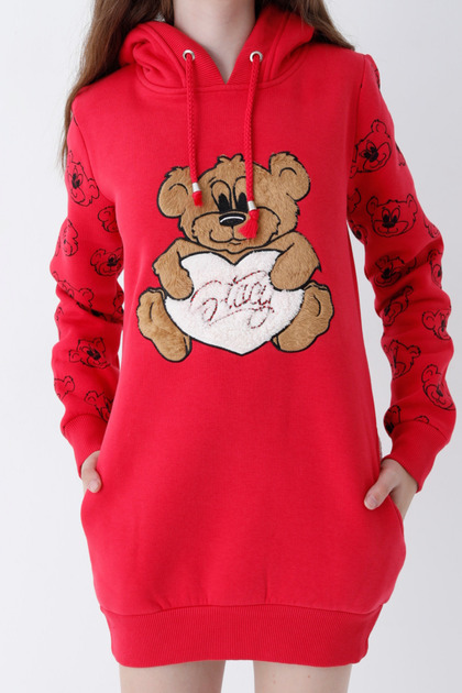 genç kız kırmızı Ayıcıklı Desenli Kapüşonlu pamuklu Sweatshirt