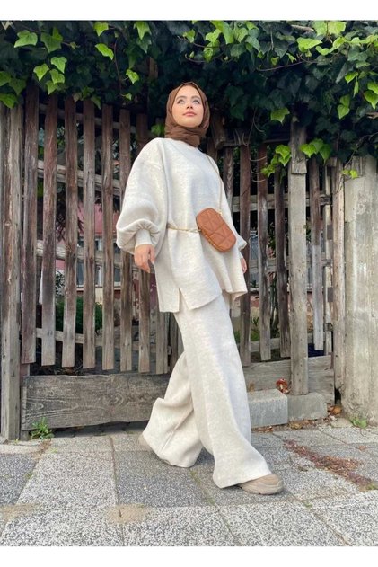 Women's Balloon Sleeve Slit Knitwear Set Stone