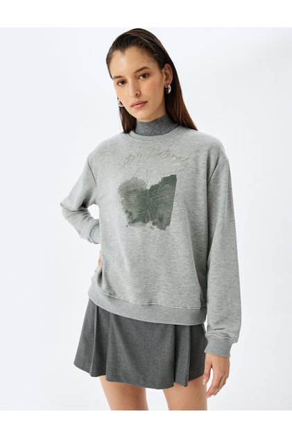 X Şahika Ercümen - Embroidery Detailed Printed Long Sleeve Oversize Sweatshirt