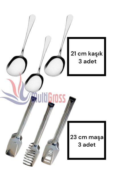 Set of 6 Steel Serving Tongs / 3 Serving Spoons, 3 Pieces of Pastry-Pasta-Salat Tongs