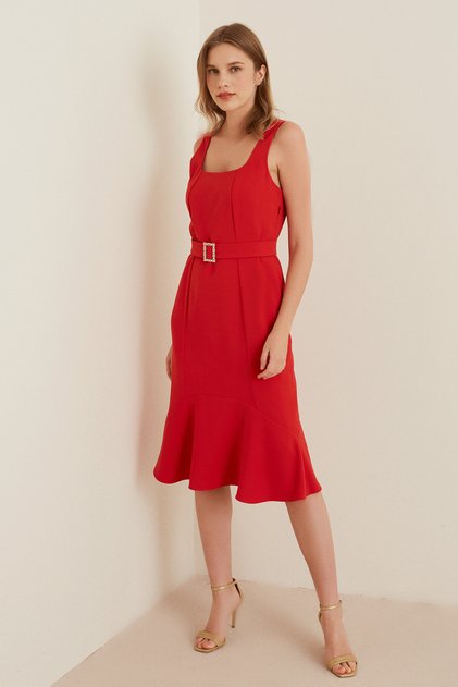 Square Neck Etekcu Ruffle Belted Dress