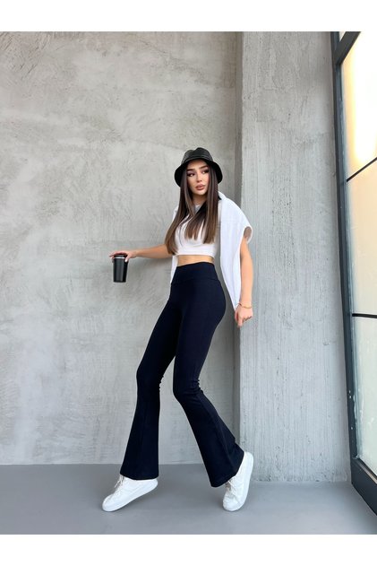 Women's Flared Leg Navy Blue High Waist, Wide Belt Combed Cotton Leggings
