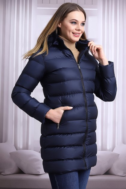 TALS MODA HAINĂ ALBASTRU ÎNCHIS CU GLUGĂ, CU FERMOAR, UMPLUTĂ CU MICRO GEL, PLUȘATĂ, IMPERMEABILĂ ȘI REZISTENTĂ LA VÂNT