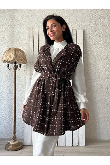 Women's Brown Oversize Tweed Poncho