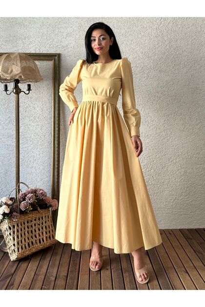 Rochie din poplin evazată, galbenă, stil Tesettür Tatlı