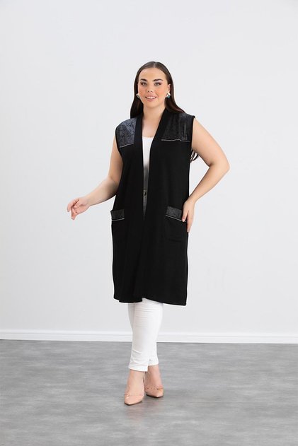 Wearon Γυναικείο Ajda 2 Thread Crystal Διακοσμητικό Δερμάτινο και Πέτρινο Μαύρο Γιλέκο με Τσέπες