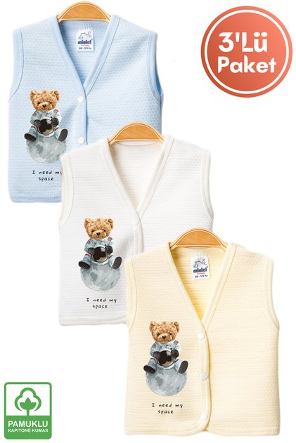 Unisex Baby Space Teddy Bear Printed Organic Cotton 3-6-9 Months 3-Piece Quilted Baby Vest Set