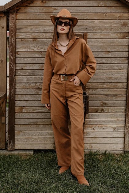 Pinterest Style Equivalent Suede Fabric Stitching Oversized Shirt Belted Palazzo Pants Design Nubuck Suit